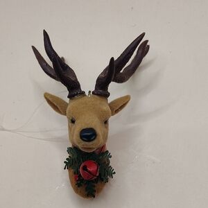 Vintage Department 56 Felt Reindeer Antlers Red Bell Christmas Tree Ornament